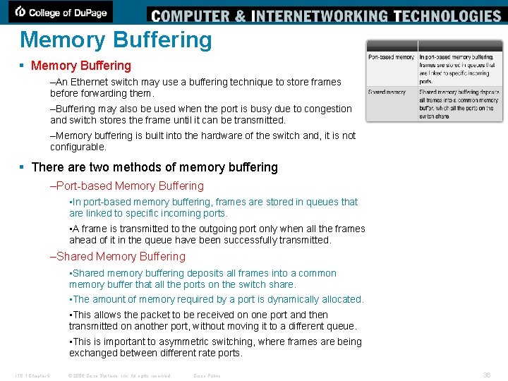 Memory Buffering § Memory Buffering –An Ethernet switch may use a buffering technique to