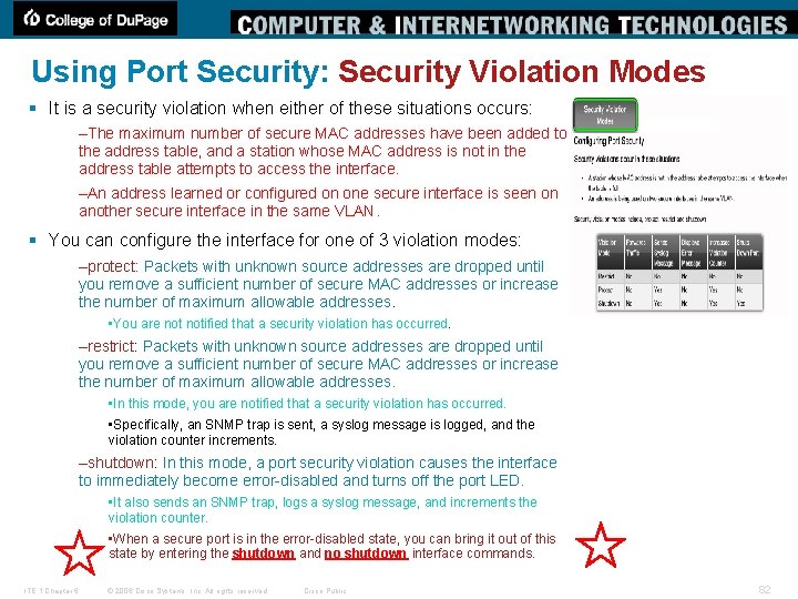 Using Port Security: Security Violation Modes § It is a security violation when either