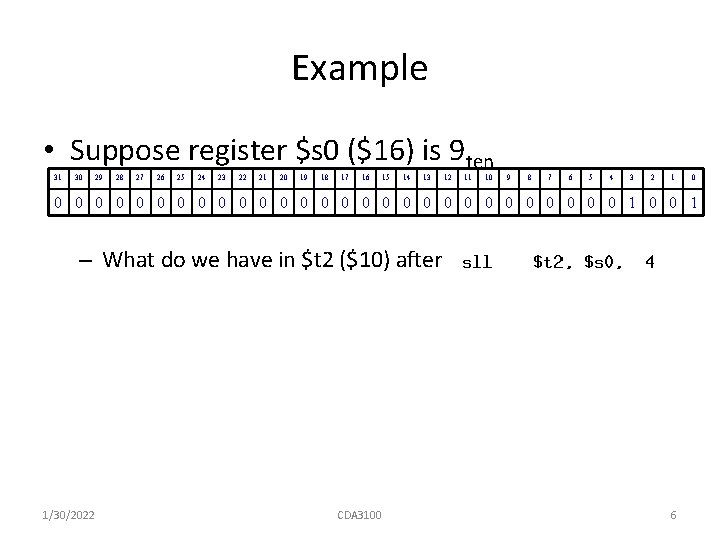 Example • Suppose register $s 0 ($16) is 9 ten 31 30 29 28