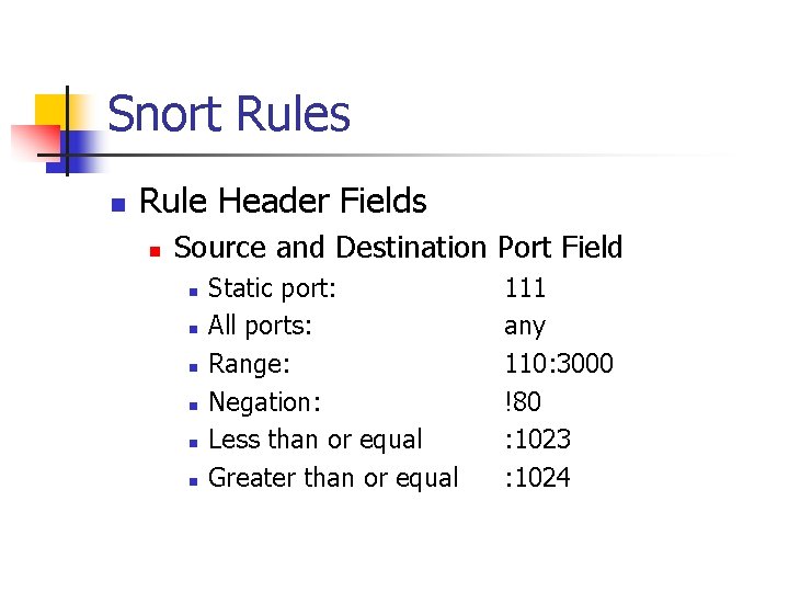 Snort Rules n Rule Header Fields n Source and Destination Port Field n n
