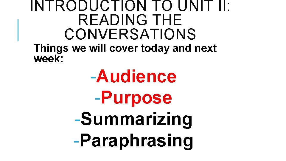 INTRODUCTION TO UNIT II: READING THE CONVERSATIONS Things we will cover today and next