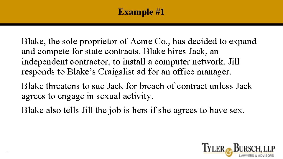 Example #1 Blake, the sole proprietor of Acme Co. , has decided to expand