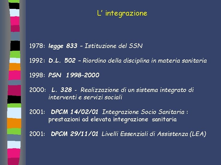 L’ integrazione 1978: legge 833 – Istituzione del SSN 1992: D. L. 502 –