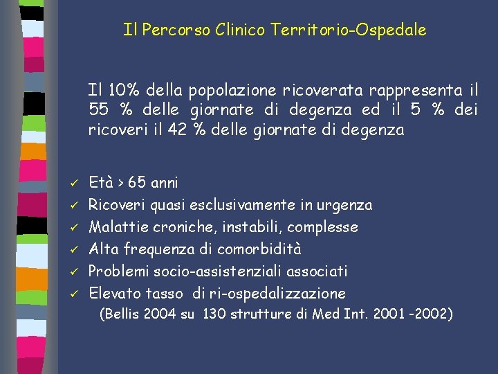 Il Percorso Clinico Territorio-Ospedale Il 10% della popolazione ricoverata rappresenta il 55 % delle