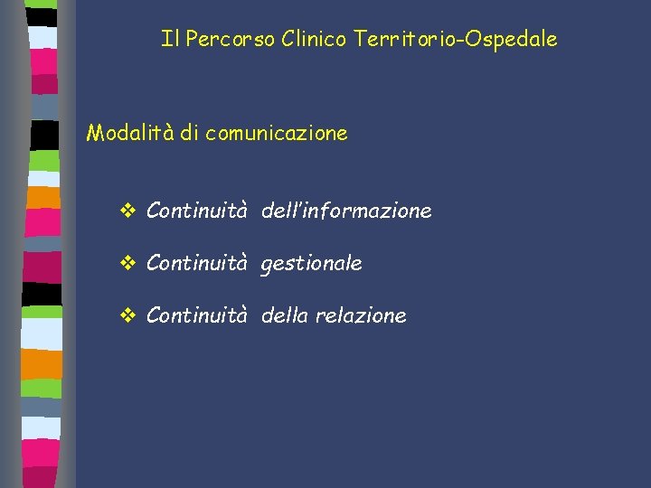 Il Percorso Clinico Territorio-Ospedale Modalità di comunicazione v Continuità dell’informazione v Continuità gestionale v