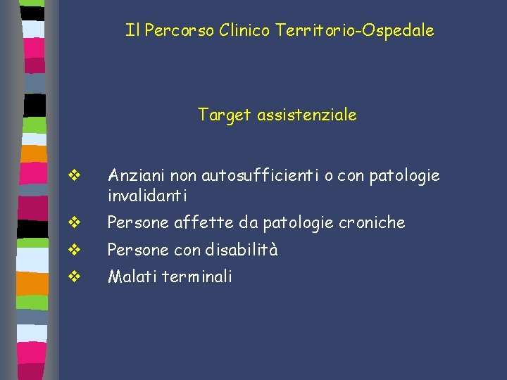 Il Percorso Clinico Territorio-Ospedale Target assistenziale v Anziani non autosufficienti o con patologie invalidanti