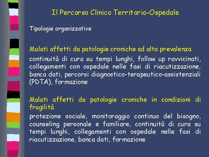 Il Percorso Clinico Territorio-Ospedale Tipologie organizzative Malati affetti da patologie croniche ad alta prevalenza