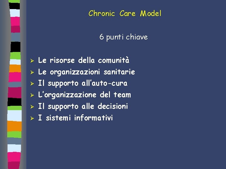 Chronic Care Model 6 punti chiave Ø Le risorse della comunità Ø Le organizzazioni