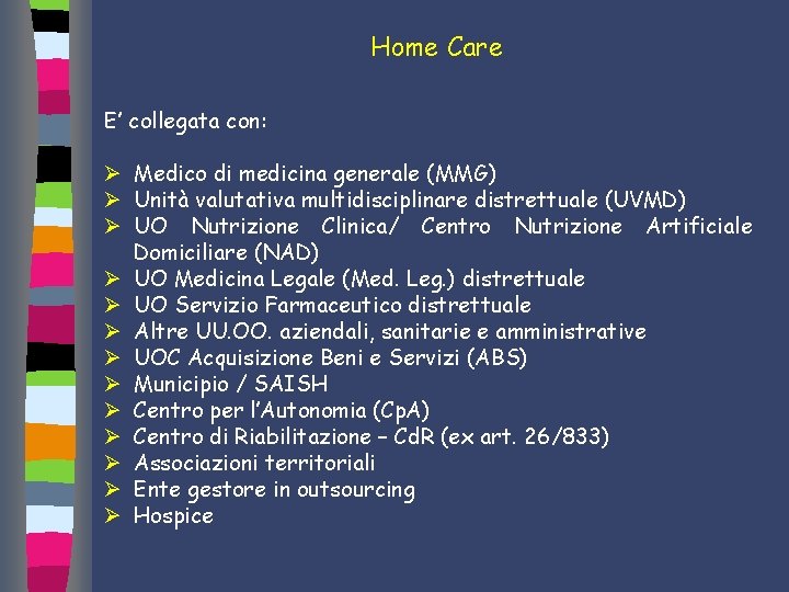 Home Care E’ collegata con: Ø Medico di medicina generale (MMG) Ø Unità valutativa