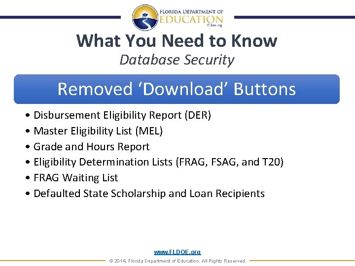 What You Need to Know Database Security Removed ‘Download’ Buttons • Disbursement Eligibility Report