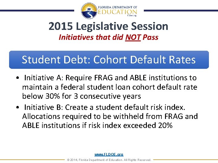 2015 Legislative Session Initiatives that did NOT Pass Student Debt: Cohort Default Rates •