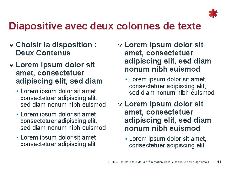 Diapositive avec deux colonnes de texte Choisir la disposition : Deux Contenus Lorem ipsum