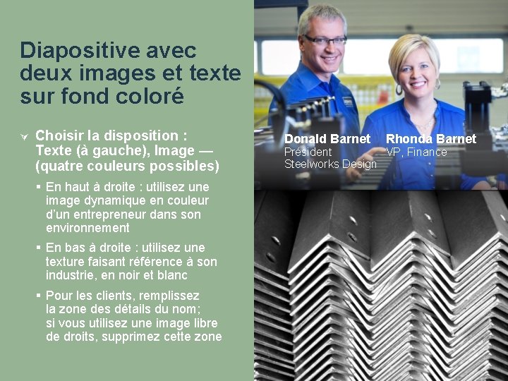 Diapositive avec deux images et texte sur fond coloré Choisir la disposition : Texte