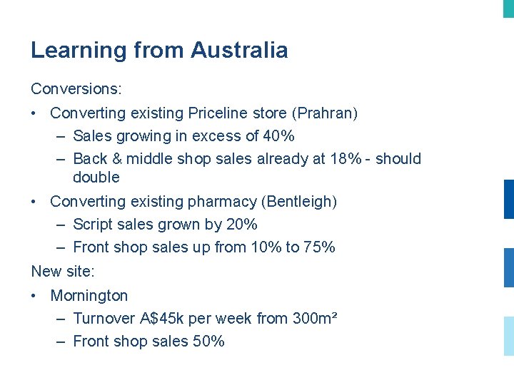 Learning from Australia Conversions: • Converting existing Priceline store (Prahran) – Sales growing in