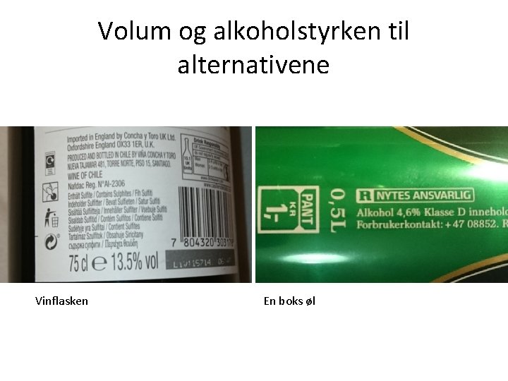 Volum og alkoholstyrken til alternativene Vinflasken En boks øl 