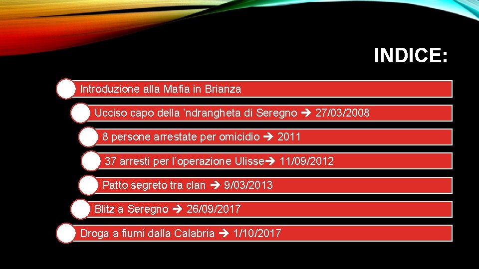 INDICE: Introduzione alla Mafia in Brianza Ucciso capo della ’ndrangheta di Seregno 27/03/2008 8