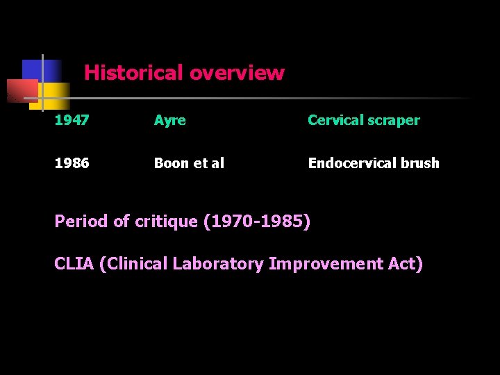 Historical overview 1947 Ayre Cervical scraper 1986 Boon et al Endocervical brush Period of