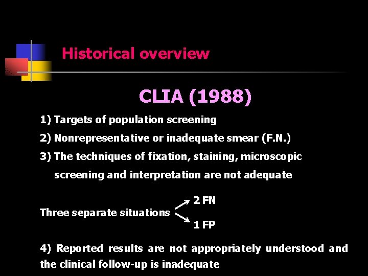Historical overview CLIA (1988) 1) Targets of population screening 2) Nonrepresentative or inadequate smear
