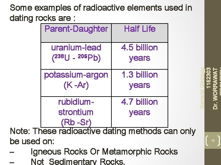 uranium-lead (238 U - 206 Pb) 4. 5 billion years potassium-argon (K -Ar) 1.