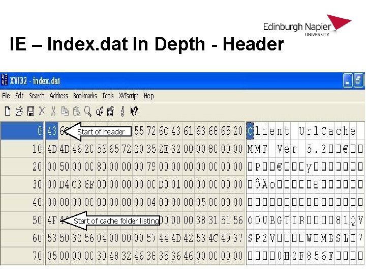 IE – Index. dat In Depth - Header Start of header Start of cache IE – Index. dat In Depth - Header Start of header Start of cache