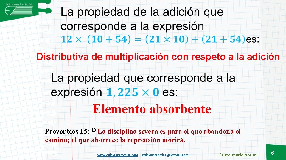 Distributiva de multiplicación con respeto a la adición Elemento absorbente Proverbios 15: 10 La