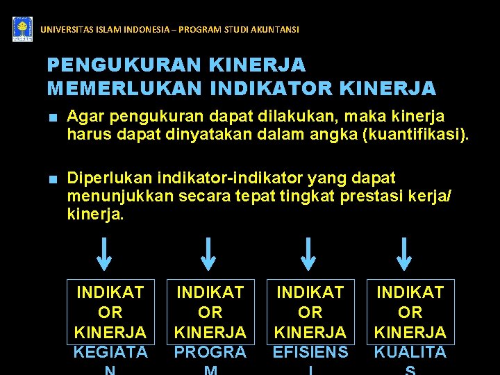 UNIVERSITAS ISLAM INDONESIA – PROGRAM STUDI AKUNTANSI PENGUKURAN KINERJA MEMERLUKAN INDIKATOR KINERJA ■ Agar