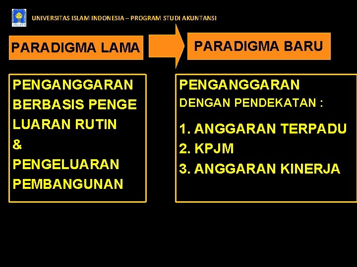 UNIVERSITAS ISLAM INDONESIA – PROGRAM STUDI AKUNTANSI PARADIGMA LAMA PENGANGGARAN BERBASIS PENGE LUARAN RUTIN