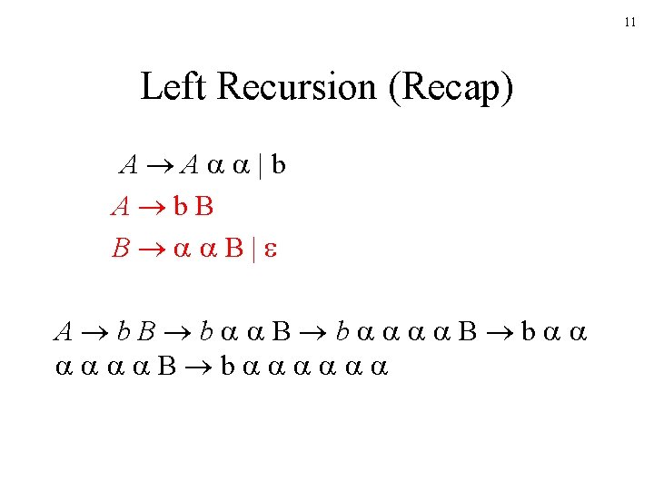 11 Left Recursion (Recap) A A |b A b. B B B| A b.