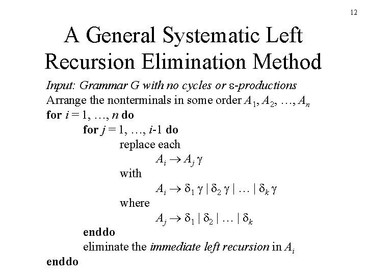 12 A General Systematic Left Recursion Elimination Method Input: Grammar G with no cycles
