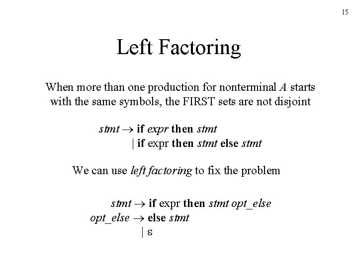 15 Left Factoring When more than one production for nonterminal A starts with the