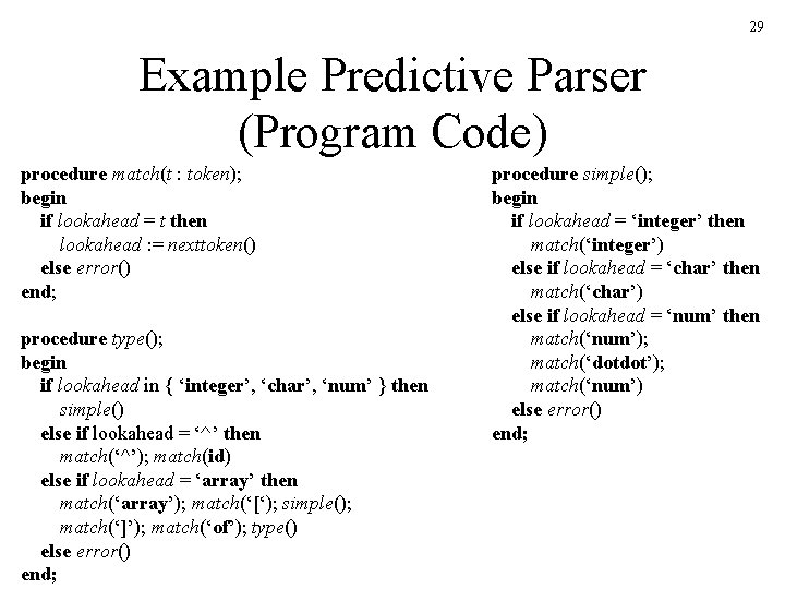 29 Example Predictive Parser (Program Code) procedure match(t : token); begin if lookahead =