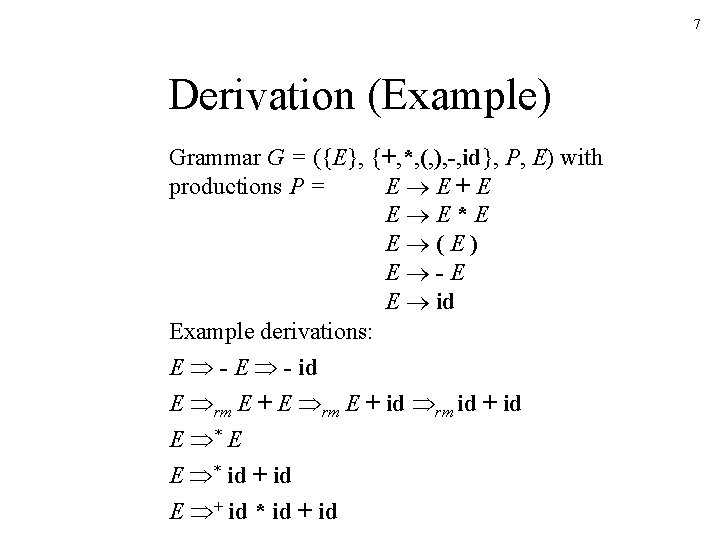 7 Derivation (Example) Grammar G = ({E}, {+, *, (, ), -, id}, P,
