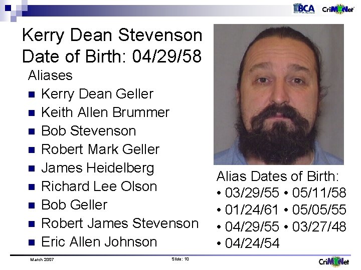 Kerry Dean Stevenson Date of Birth: 04/29/58 Aliases n Kerry Dean Geller n Keith