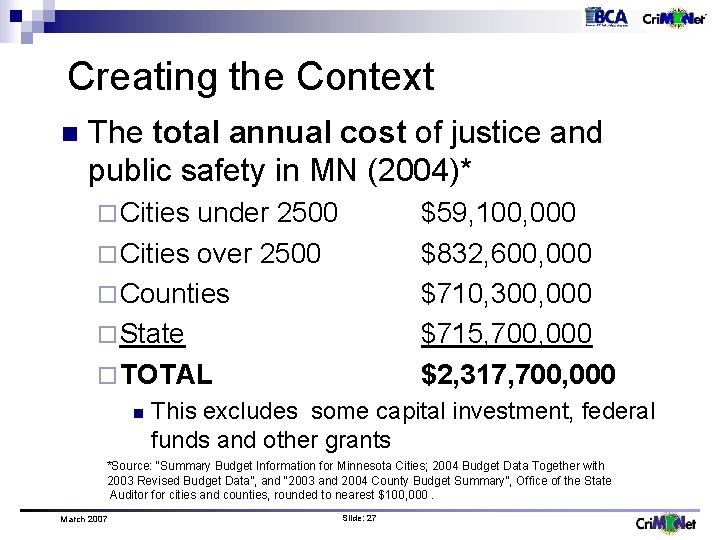 Creating the Context n The total annual cost of justice and public safety in