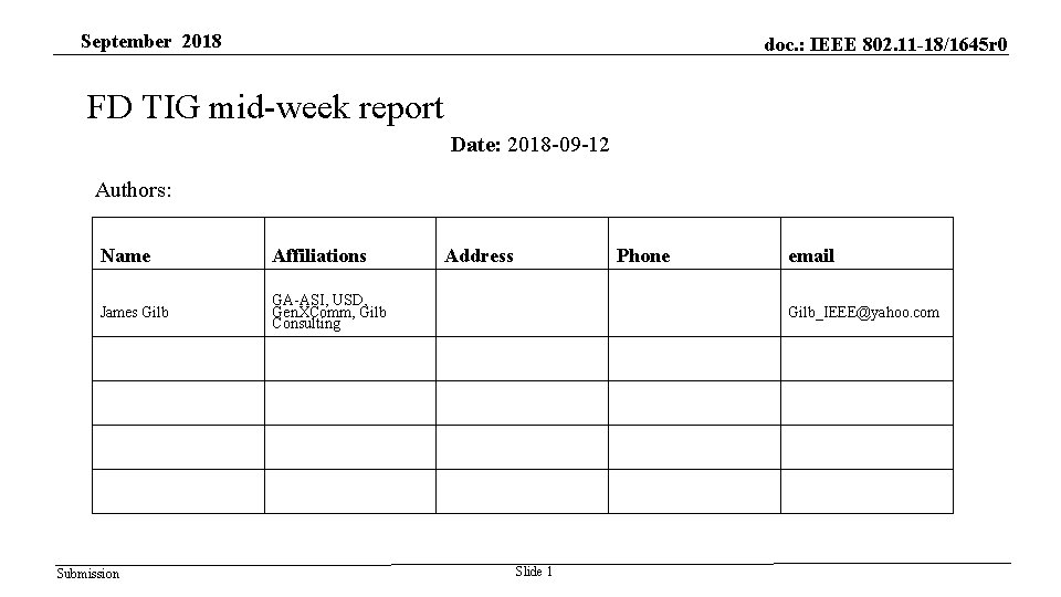 September 2018 doc. : IEEE 802. 11 -18/1645 r 0 FD TIG mid-week report