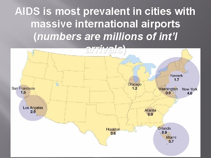 AIDS is most prevalent in cities with massive international airports (numbers are millions of