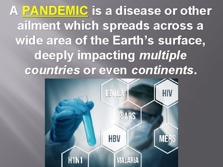 A PANDEMIC is a disease or other ailment which spreads across a wide area