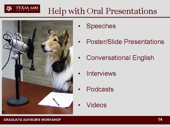 Help with Oral Presentations • Speeches • Poster/Slide Presentations • Conversational English • Interviews