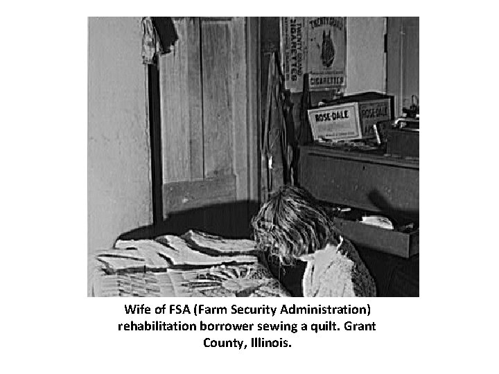 Wife of FSA (Farm Security Administration) rehabilitation borrower sewing a quilt. Grant County, Illinois.