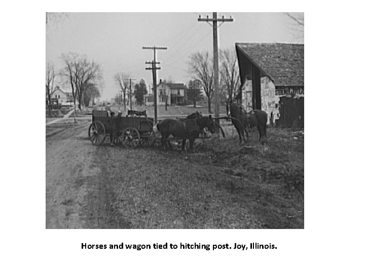Horses and wagon tied to hitching post. Joy, Illinois. 