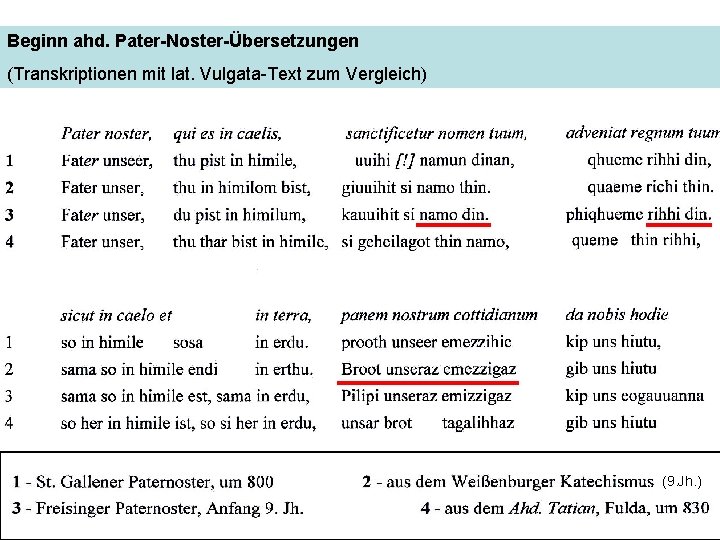 Beginn ahd. Pater-Noster-Übersetzungen (Transkriptionen mit lat. Vulgata-Text zum Vergleich) (9. Jh. ) 