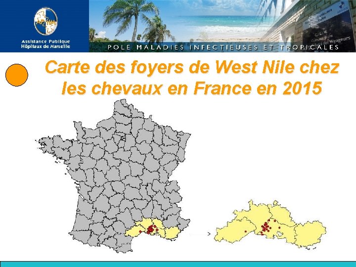 Carte des foyers de West Nile chez les chevaux en France en 2015 (point