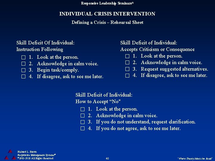 Responsive Leadership Seminars® INDIVIDUAL CRISIS INTERVENTION Defining a Crisis – Rehearsal Sheet Skill Deficit