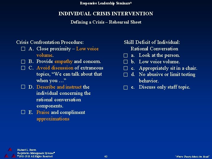 Responsive Leadership Seminars® INDIVIDUAL CRISIS INTERVENTION Defining a Crisis – Rehearsal Sheet Crisis Confrontation