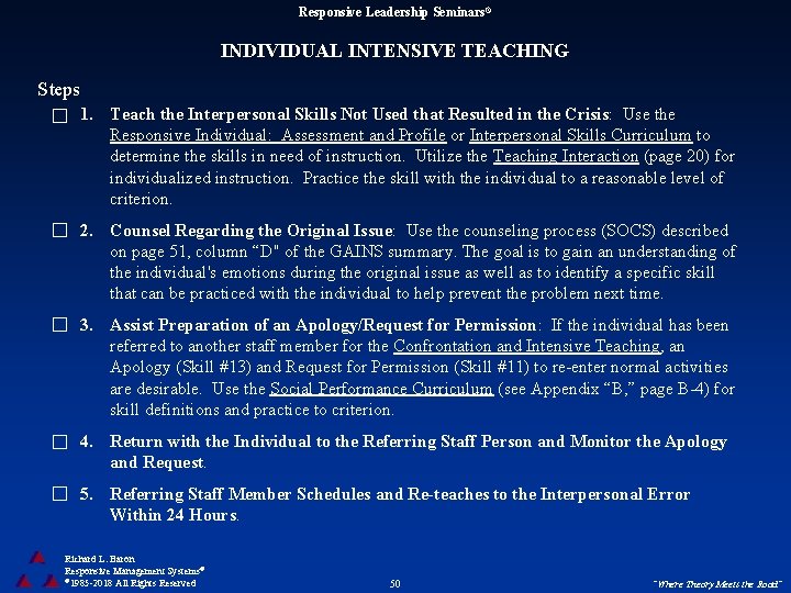 Responsive Leadership Seminars® INDIVIDUAL INTENSIVE TEACHING Steps 1. Teach the Interpersonal Skills Not Used