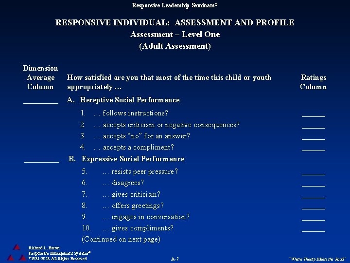 Responsive Leadership Seminars® RESPONSIVE INDIVIDUAL: ASSESSMENT AND PROFILE Assessment – Level One (Adult Assessment)