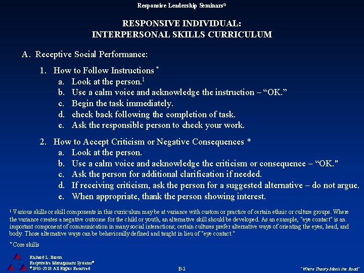 Responsive Leadership Seminars® RESPONSIVE INDIVIDUAL: INTERPERSONAL SKILLS CURRICULUM A. Receptive Social Performance: 1. How