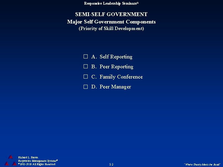 Responsive Leadership Seminars® SEMI-SELF GOVERNMENT Major Self Government Components (Priority of Skill Development) A.