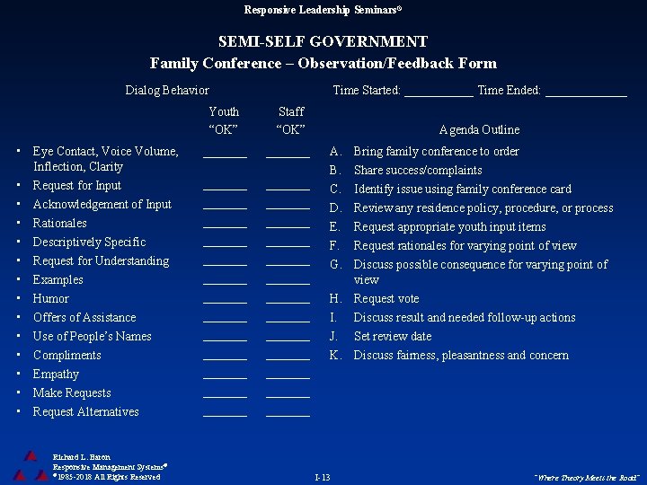 Responsive Leadership Seminars® SEMI-SELF GOVERNMENT Family Conference – Observation/Feedback Form Dialog Behavior • Eye