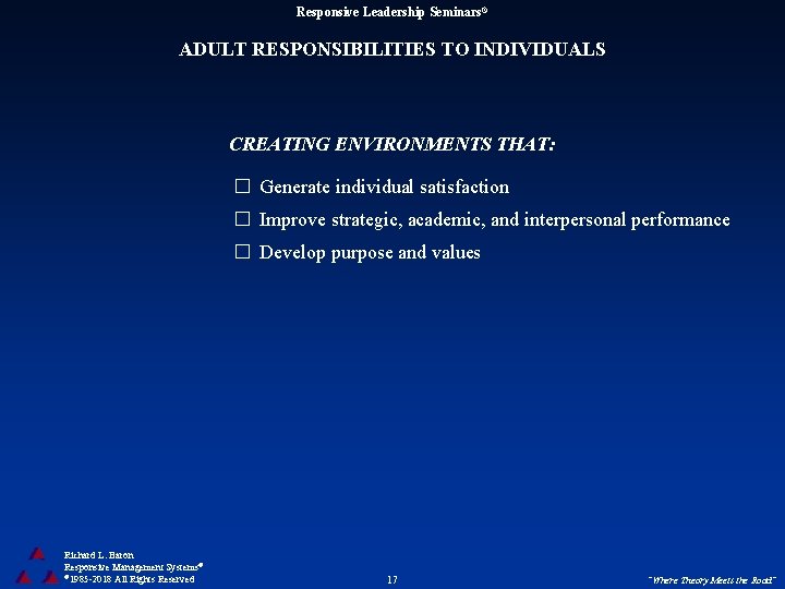 Responsive Leadership Seminars® ADULT RESPONSIBILITIES TO INDIVIDUALS CREATING ENVIRONMENTS THAT: Generate individual satisfaction Improve